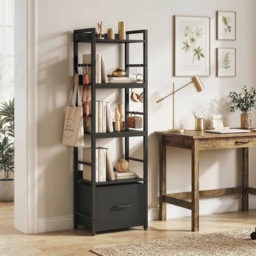 HOMCOM 4-Tier Bookshelf, Narrow Bookcase with Drawer, 8 Hooks, Metal Frame, Black - thumbnail 2