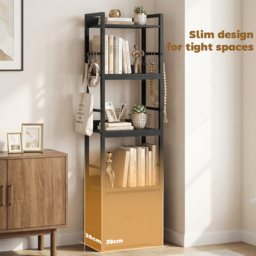 HOMCOM 4-Tier Bookshelf, Narrow Bookcase with Drawer, 8 Hooks, Metal Frame, Black - thumbnail 5