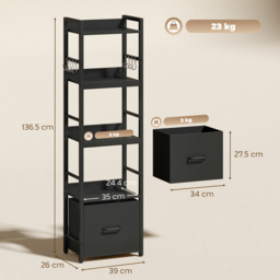HOMCOM 4-Tier Bookshelf, Narrow Bookcase with Drawer, 8 Hooks, Metal Frame, Black - thumbnail 3