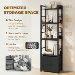 HOMCOM 4-Tier Bookshelf, Narrow Bookcase with Drawer, 8 Hooks, Metal Frame, Black - thumbnail 4