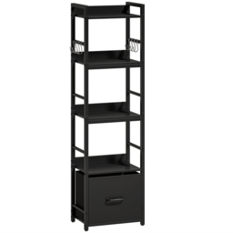 HOMCOM 4-Tier Bookshelf, Narrow Bookcase with Drawer, 8 Hooks, Metal Frame, Black - thumbnail 1