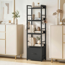 HOMCOM 4-Tier Bookshelf, Narrow Bookcase with Drawer, 8 Hooks, Metal Frame, Black - thumbnail 8