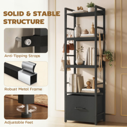 HOMCOM 4-Tier Bookshelf, Narrow Bookcase with Drawer, 8 Hooks, Metal Frame, Black - thumbnail 6