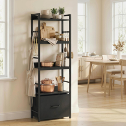HOMCOM 4-Tier Bookshelf, Narrow Bookcase with Drawer, 8 Hooks, Metal Frame, Black - thumbnail 9