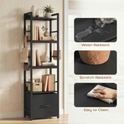HOMCOM 4-Tier Bookshelf, Narrow Bookcase with Drawer, 8 Hooks, Metal Frame, Black - thumbnail 7