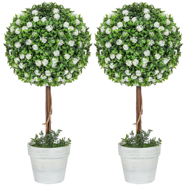 HOMCOM Set of 2 Decorative Artificial Plants, Ball Topiary Tree with Rose Flower in Pot, Fake Plants for Home Indoor Outdoor Decor, 60cm, White - image 1