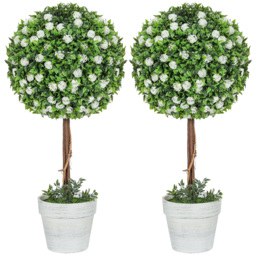 HOMCOM Set of 2 Decorative Artificial Plants, Ball Topiary Tree with Rose Flower in Pot, Fake Plants for Home Indoor Outdoor Decor, 60cm, White - thumbnail 1