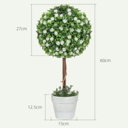 HOMCOM Set of 2 Decorative Artificial Plants, Ball Topiary Tree with Rose Flower in Pot, Fake Plants for Home Indoor Outdoor Decor, 60cm, White - thumbnail 3