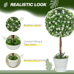 HOMCOM Set of 2 Decorative Artificial Plants, Ball Topiary Tree with Rose Flower in Pot, Fake Plants for Home Indoor Outdoor Decor, 60cm, White - thumbnail 4