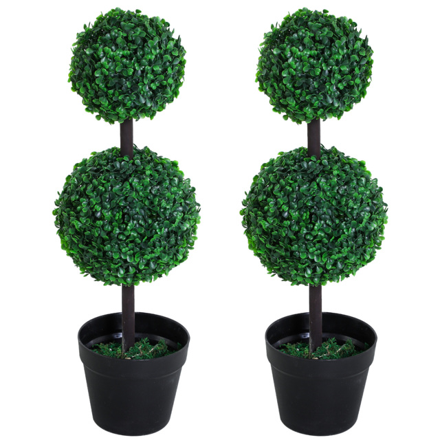 Outsunny Set of 2 Artificial Boxwood Ball Topiary Trees Potted Decorative Plant Outdoor and Indoor Décor (67cm) - Aosom UK - image 1