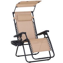 Outsunny Outdoor Zero Gravity Recliner Chair with Canopy Shade and Cup Holder, Folding Patio Sun Lounger, Beige - Aosom UK - thumbnail 1