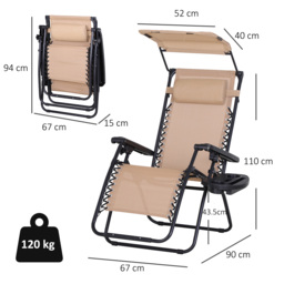 Outsunny Outdoor Zero Gravity Recliner Chair with Canopy Shade and Cup Holder, Folding Patio Sun Lounger, Beige - Aosom UK - thumbnail 3