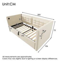 3ft Upholstered Single Sofa Bed with USB and Type-C Charging Station, Under-bed Storage with Side Pockets, 205L x 106W x 75H cm, Beige - Aosom UK - thumbnail 3