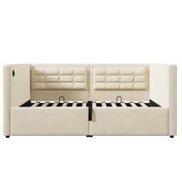 3ft Upholstered Single Sofa Bed with USB and Type-C Charging Station, Under-bed Storage with Side Pockets, 205L x 106W x 75H cm, Beige - Aosom UK - thumbnail 2