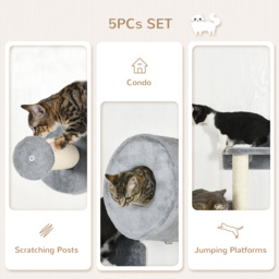 PawHut 5Pcs Cat Wall Furniture with Perch, Cat Condo, Scratching Post, Wall Mounted Cat Tree for Indoor Cats Use - Grey - Aosom UK - thumbnail 5