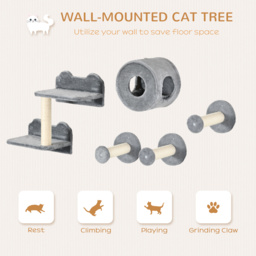 PawHut 5Pcs Cat Wall Furniture with Perch, Cat Condo, Scratching Post, Wall Mounted Cat Tree for Indoor Cats Use - Grey - Aosom UK - thumbnail 4
