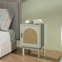 HOMCOM Set of 2 Rattan Bedside Tables, Boho Nightstands with Solid Wood Legs and Storage Cabinet for Living Room, Bedroom, Accent End Side Table, Light Green - thumbnail 9