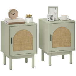 HOMCOM Set of 2 Rattan Bedside Tables, Boho Nightstands with Solid Wood Legs and Storage Cabinet for Living Room, Bedroom, Accent End Side Table, Light Green - thumbnail 1