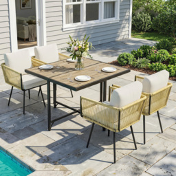 Outsunny 5 Piece Garden Furniture Set, Garden Dining Set with Wood-Plastic Table and 4 Stackable Chairs, Beige - thumbnail 2