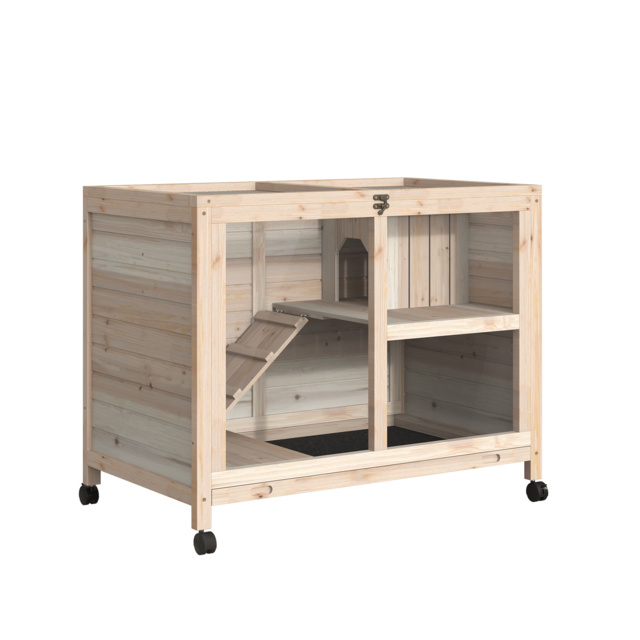 PawHut Wooden Rabbit Hutch Guinea Pigs House Bunny Small Animal Cage W/ Pull-out Tray Openable Roof Wheels 91.5 x 53.3 x 73 cm - image 1