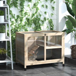 PawHut Wooden Rabbit Hutch Guinea Pigs House Bunny Small Animal Cage W/ Pull-out Tray Openable Roof Wheels 91.5 x 53.3 x 73 cm - thumbnail 2