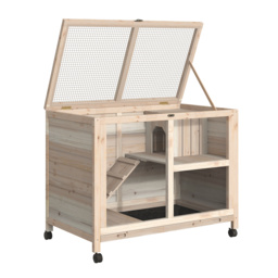PawHut Wooden Rabbit Hutch Guinea Pigs House Bunny Small Animal Cage W/ Pull-out Tray Openable Roof Wheels 91.5 x 53.3 x 73 cm - thumbnail 9