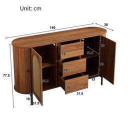 Spacious Sideboard with 3 Drawers and Adjustable Shelves, Stylish Cabinet for Living Room or Entryway, 140L x 38W x 77.5H cm, Walnut - Aosom UK - thumbnail 3