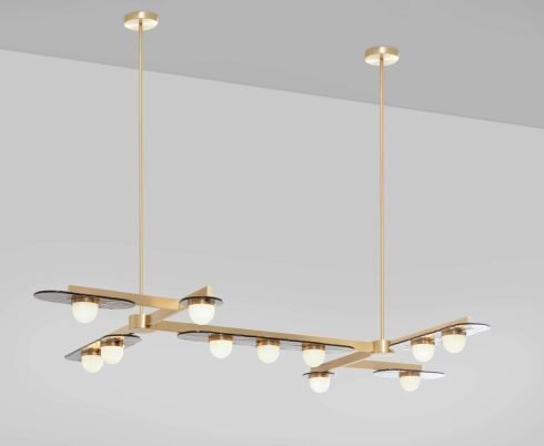 CTO Lighting Modulo - Grid 11 Chandelier satin brass with smoked kiln glass and matt opal glass