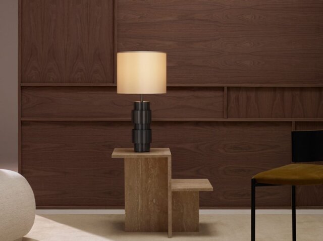 CTO Lighting Ring Table Lamp antique bronze with satin brass details and dove grey silk shade