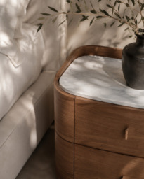 Tommy Franks Vertu Bedside Table — Walnut & Carrara Marble — 520mm - thumbnail 2