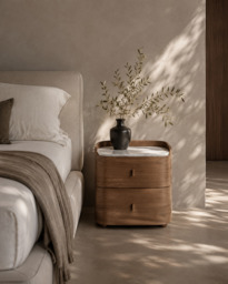 Tommy Franks Vertu Bedside Table — Walnut & Carrara Marble — 520mm