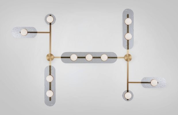 CTO Lighting Modulo - Grid 11 - DALI-A Chandelier satin brass with smoked kiln glass and matt glass