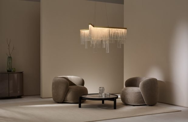 CTO Lighting Cascata - Ceiling Rose Chandelier satin brass with wavy kiln glass