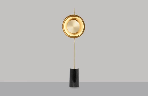CTO Lighting Pendulum Floor Lamp satin brass with smoked glass and nero marquina marble