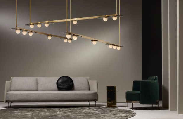 CTO Lighting Modulo - Horizontal Chandelier satin brass with smoked kiln glass and matt glass