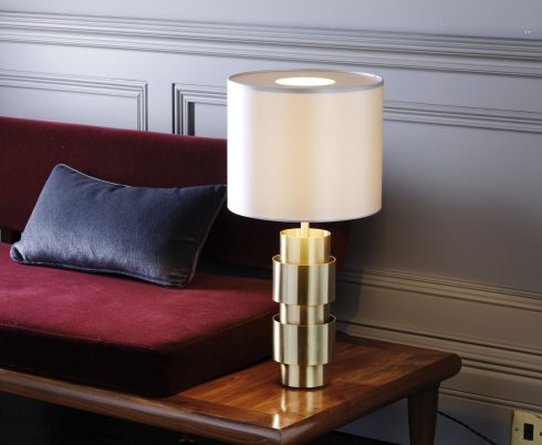 CTO Lighting Ring Table Lamp satin brass with satin brass details and dove grey silk shade