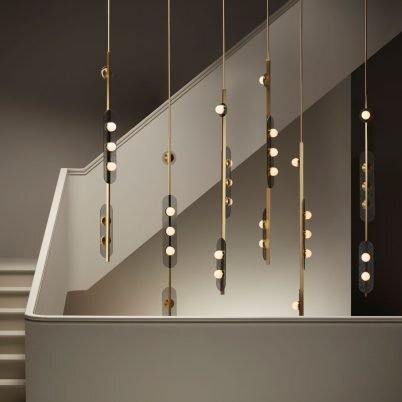 CTO Lighting Modulo - Vertical - DALI-B Chandelier satin brass with smoked kiln glass and matt glass