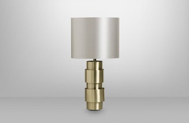 CTO Lighting Ring Table Lamp satin brass with satin brass details and dove grey silk shade
