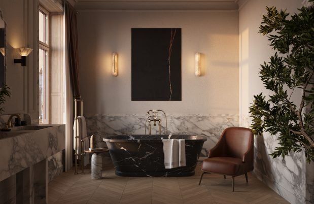 CTO Lighting Hepworth Tall - IP44 - DALI-A Wall Light polished nickel with honed alabaster
