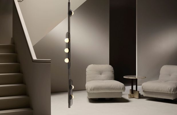 CTO Lighting Modulo - Vertical - DALI-A Chandelier antique bronze with smoked kiln glass and matt glass