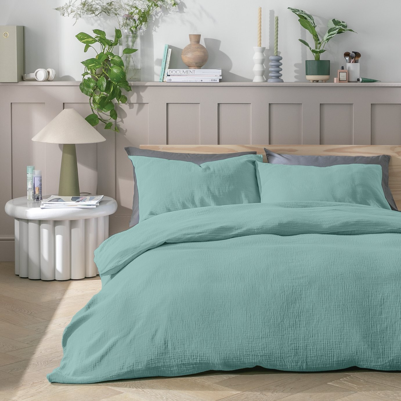 Habitat Cotton 200TC Muslin Green Bedding Set - Superking