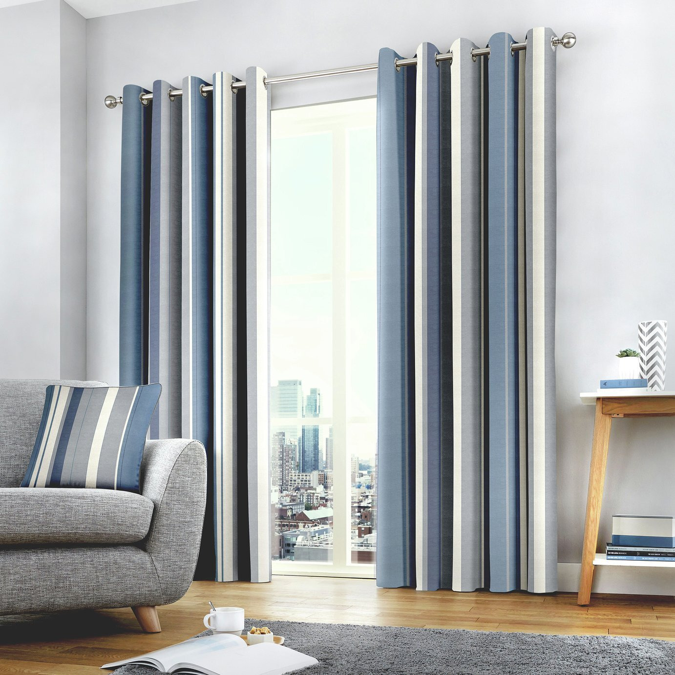 Fusion Whitworth striped Fully Lined Eyelet Curtains - Blue - image 1