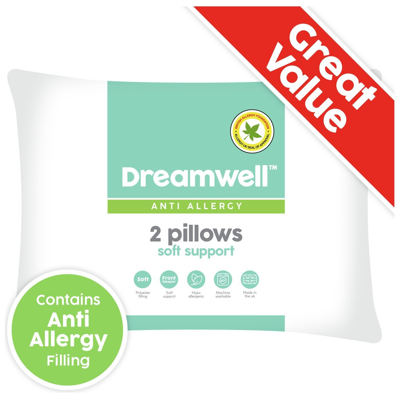 Dreamwell Anti-Allergy Soft Support Pillow - 2 Pack - image 1