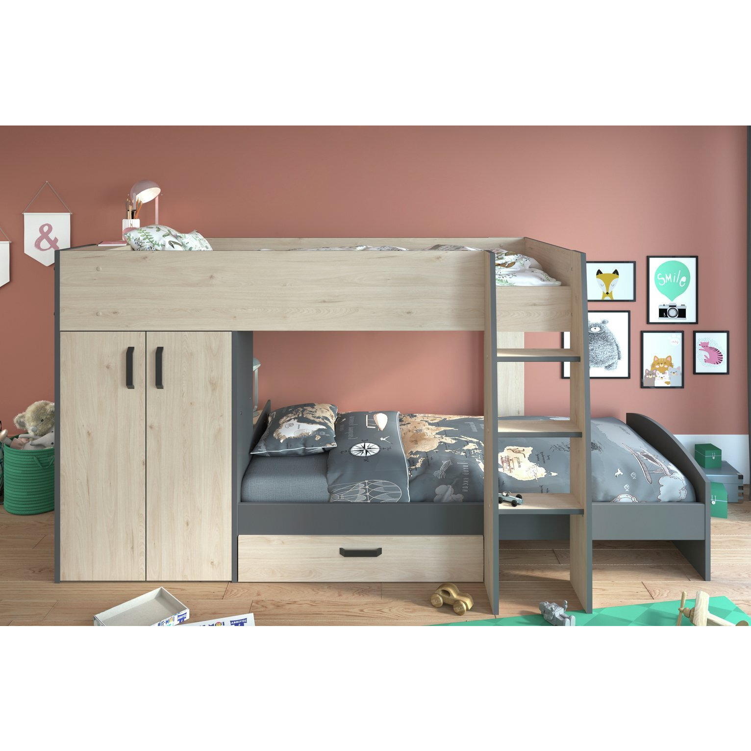 Parisot Bunk Bed with Storage and Mattress - Oak and Grey - image 1