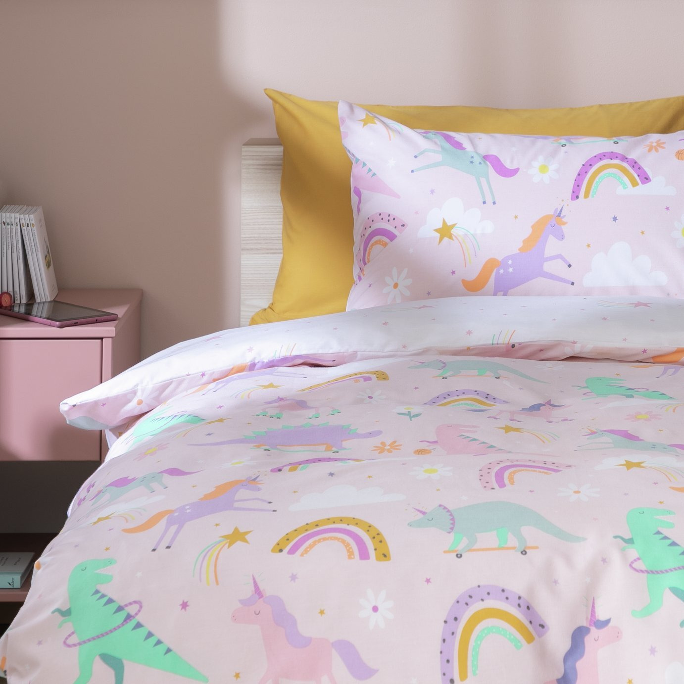 Habitat Unicorn and Dino Print Pink Kids Bedding Set-Single - image 1
