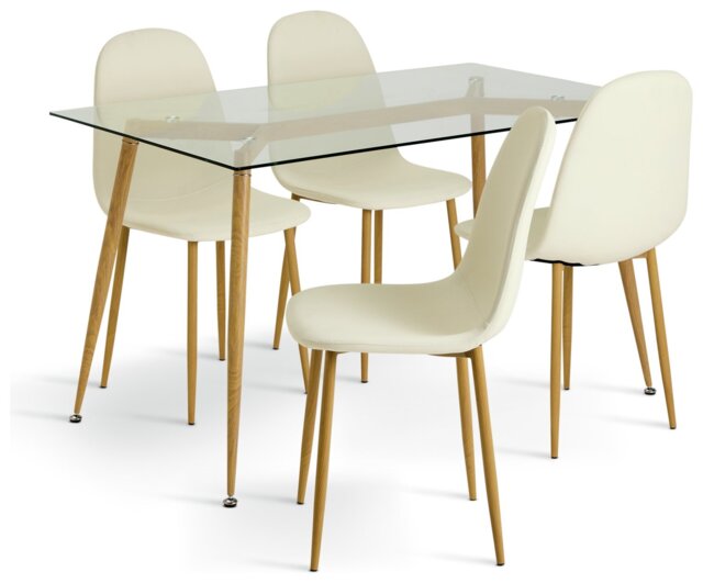 Habitat Beni Glass Oak Dining Table & 4 White Chairs - image 1