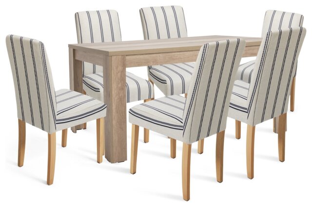 Argos Home Preston Oak Dining Table & 6 Stripe White Chairs - image 1