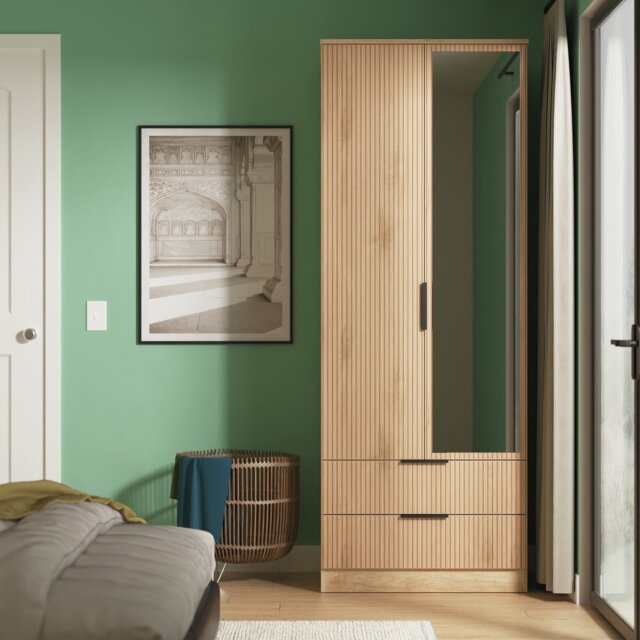 Livara Ready Assembled Tofino 2 Door Mirror Wardrobe - Oak - image 1