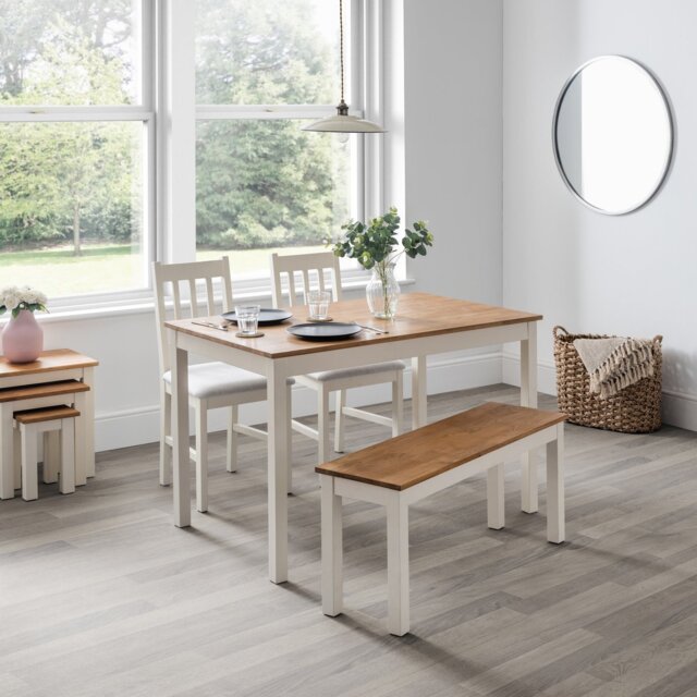 Julian Bowen Coxmoor Oak Dining Table,1 Bench&2 Ivory Chairs - image 1