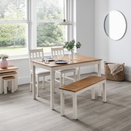 Julian Bowen Coxmoor Oak Dining Table,1 Bench&2 Ivory Chairs - thumbnail 1